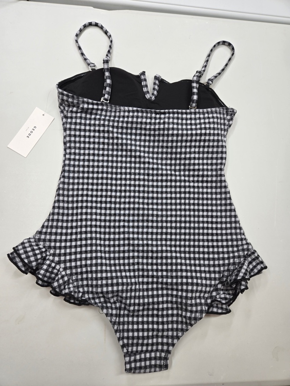 NWT GEODE Caroline One Piece Gingham Ruffle Swimsuit Notch Neck Small 7312 - Picture 6 of 11